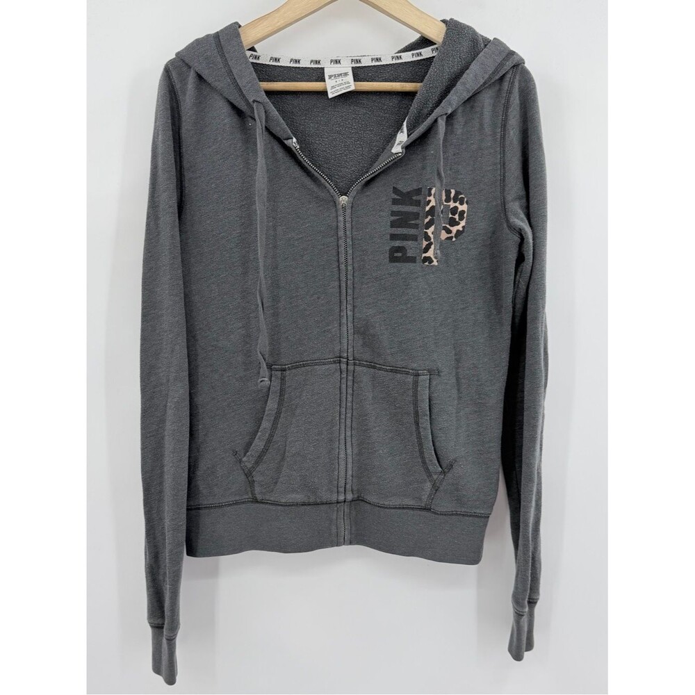 Victoria's Secret PINK Hoodie Womens Small Gray Leopard Print Full Zip Sweatshir
